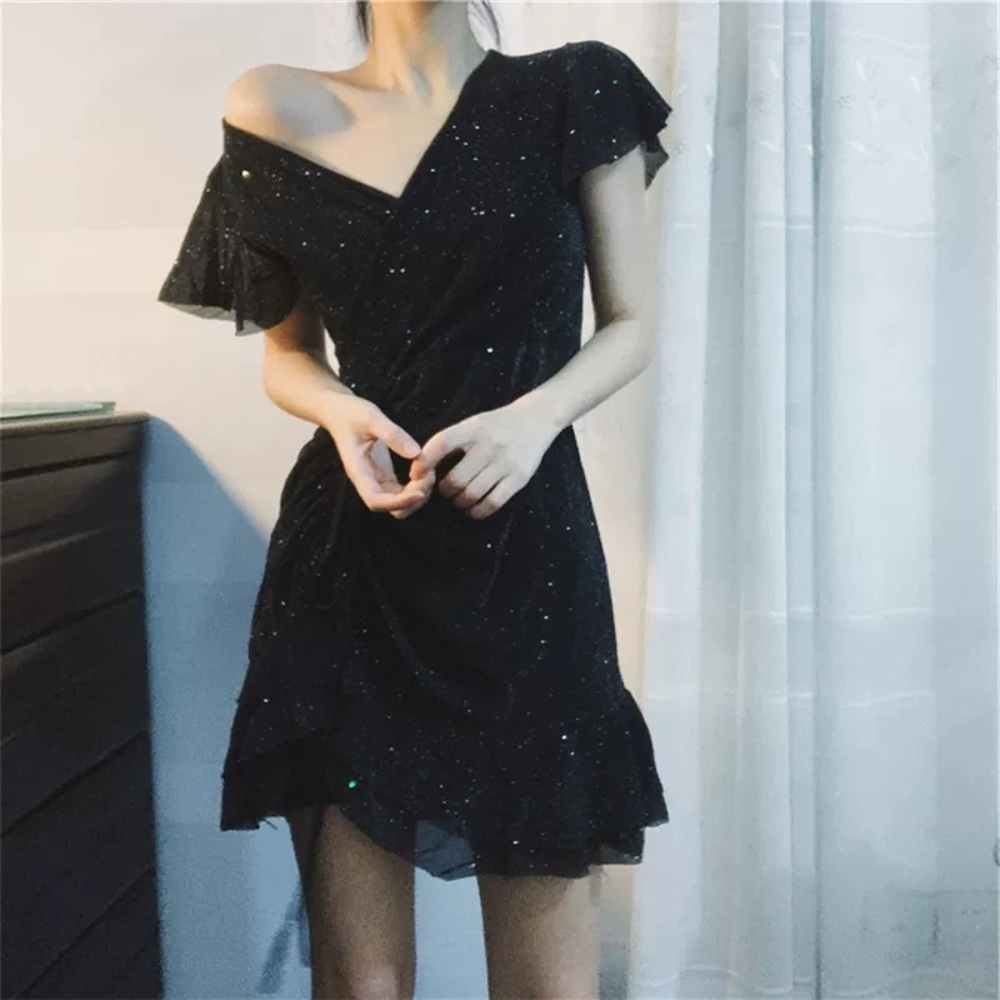 Black Shimmering Glitter Mini Dress